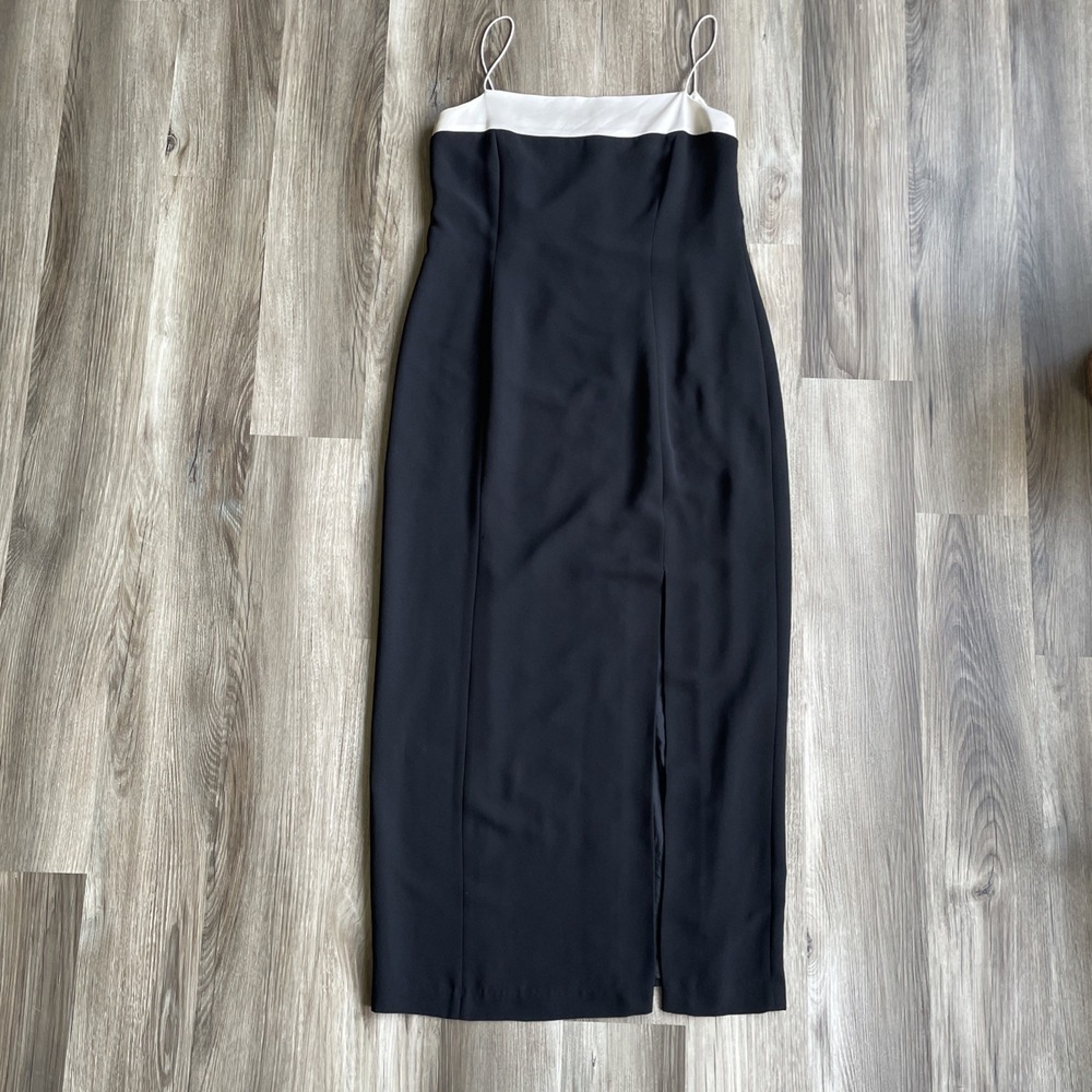 Vintage Black Maxi Dress Womens 14 Satin Ivory Trim Gown‎ Y2K Old Money Luxury